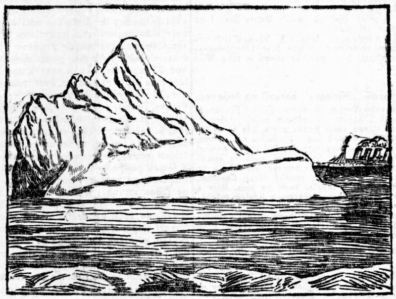 zobrazit detail historického snímku: Poměrná velikost plovoucí ledové hory a velikosti parníku Titanic.