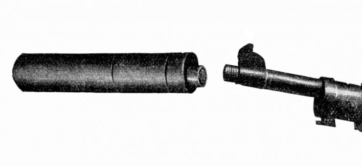zobrazit detail historického snímku: Tlumič zvuku na konci ručnicové zbraně.