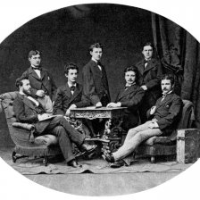 retro fotografie Masaryk v Lipsku jako student v kruhu něm. kollegů-přátel. R. 1874.