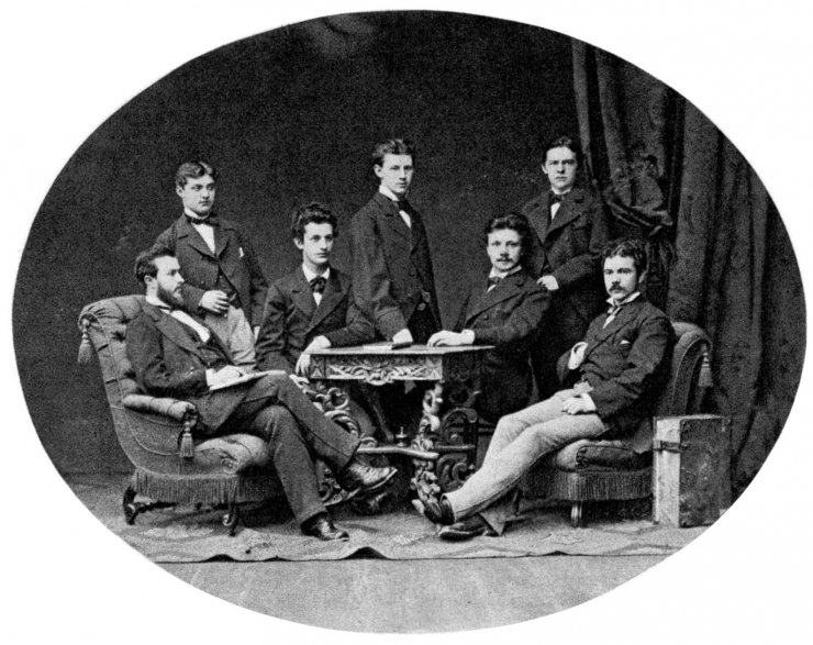 zobrazit detail historického snímku: Masaryk v Lipsku jako student v kruhu něm. kollegů-přátel. R. 1874.