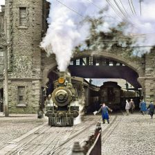 kolorovaná fotografie Vlak na nádraží.