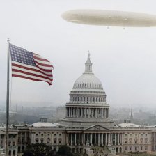 kolorovaná fotografie Vzducholoď Zeppelin nad americkým Kapitolem.