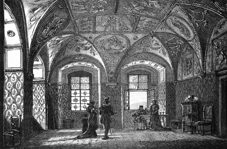 zobrazit detail historického snímku: Rytířská síň na zámku Kratochvíle u Netolic.