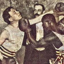 kolorovaná fotografie Rozhodná rána černého boxera.