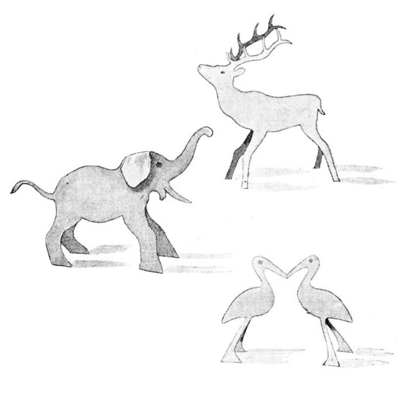 zobrazit detail historického snímku: Jak se zvířátka staví (slon, čápi a jelen).