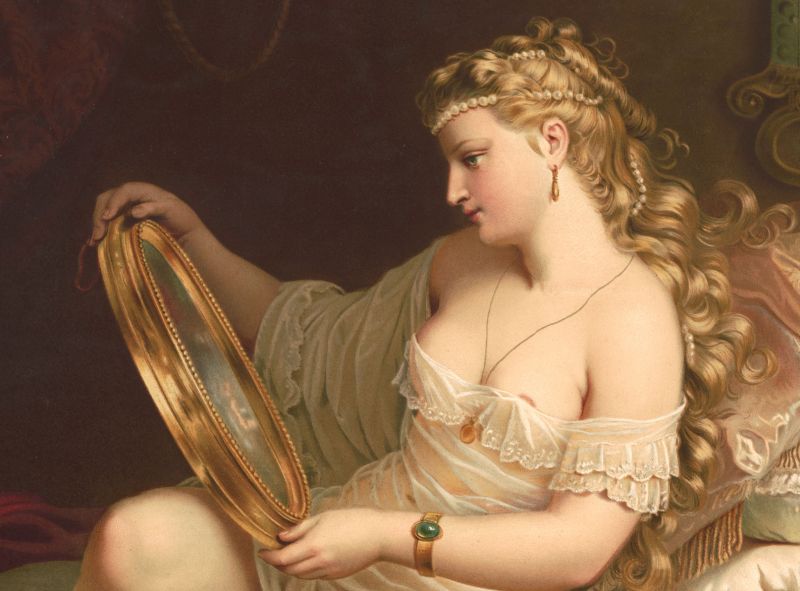 zobrazit detail historického snímku: Krásná žena, prohlížející se v zrcadle.